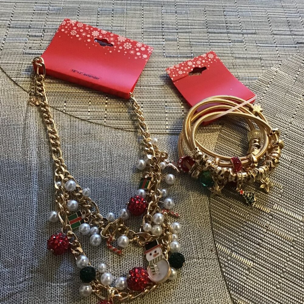Gold Tone Christmas Charm Necklace and 4 Piece Charm Bracelet Set--New